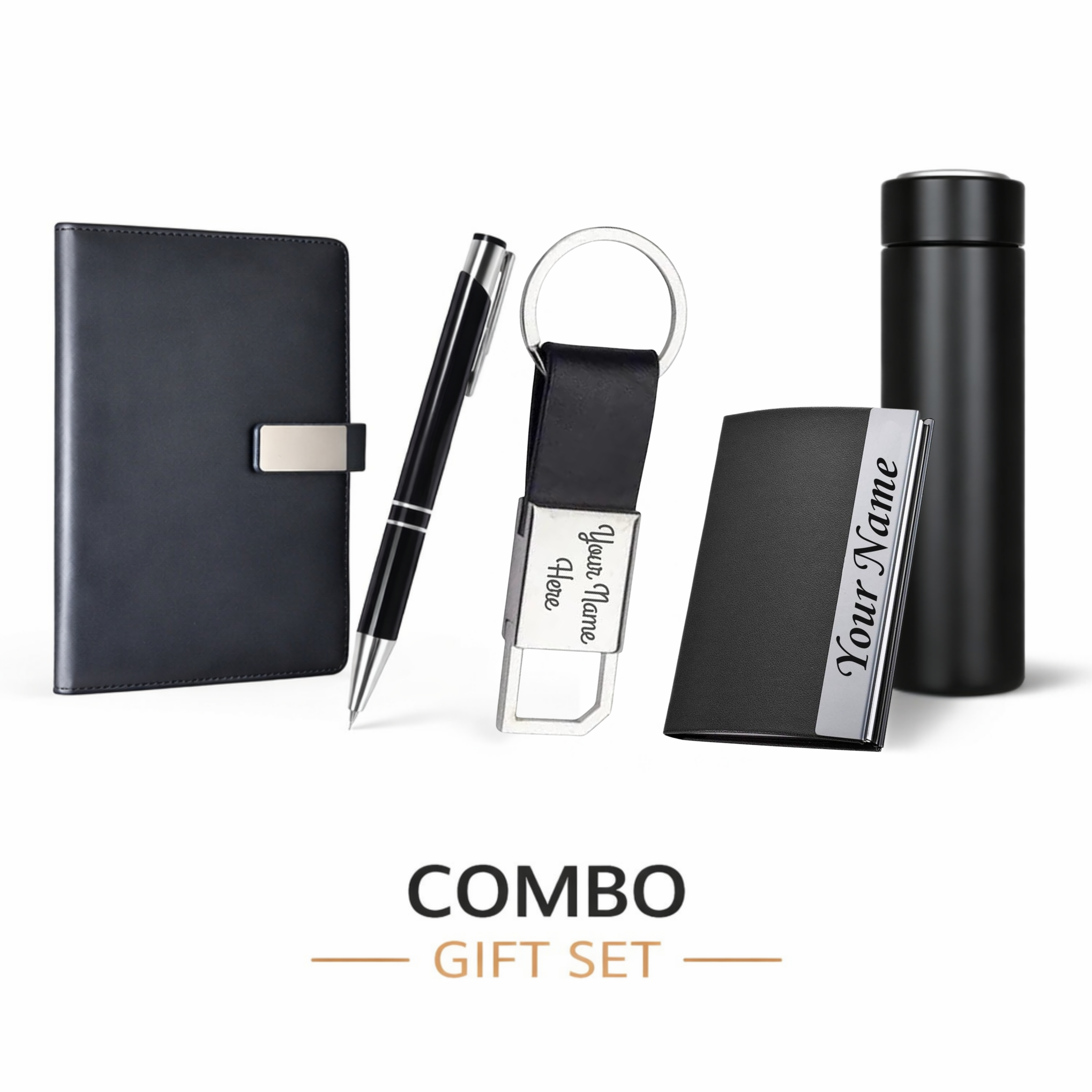 Combo Set  Vacuum Flask Visiting Card Holder Leather Strap Keychain Metal Pen  A5 Diary offistoreindia