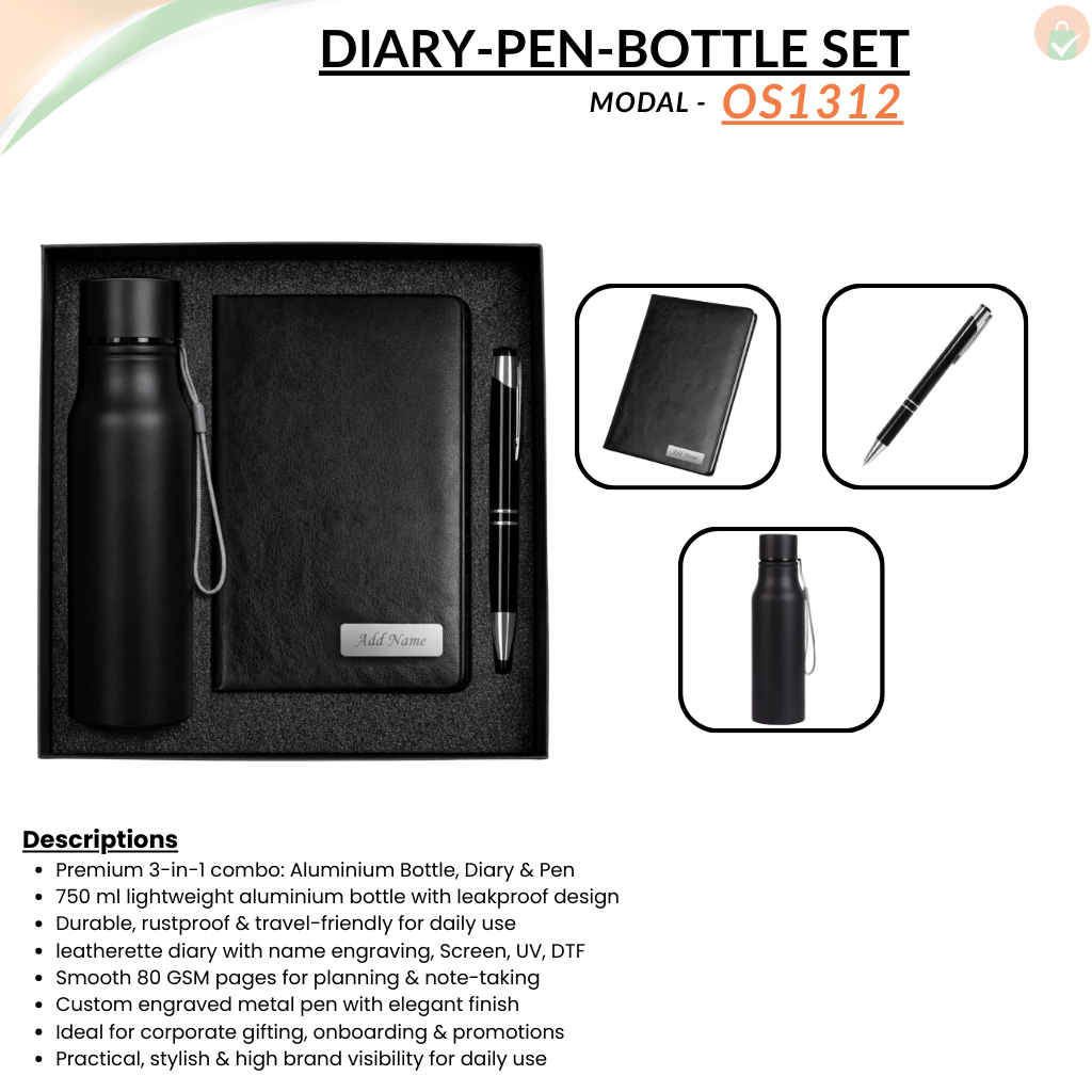 Combo Gift Set – Aluminium Sports Bottle Diary with Metal Ballpoint Pen