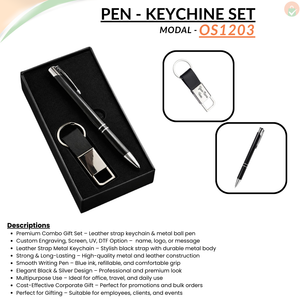 Combo Gift Set Black Leather Strap Metal 600 Keychain Personalized Black Metal Ballpoint Pen