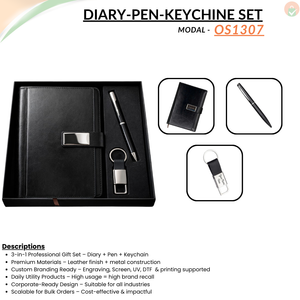 Combo Gift Set Black Leather Strap Metal Keychain Custom Metal Ballpoint Pen A5 Leather Flap Journal Diary