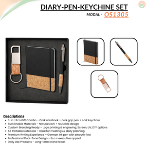 Combo Gift Set Cork Notebook Diary Cork Grip Velvet Touch Pen Mini Cork Strap Metal Keychain