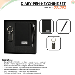Combo Gift Set Engraved Metal Pen Rectangle Keychain A5 Black Corporate Diary