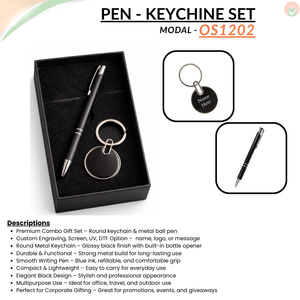Combo Gift Set Glossy Black Finished Round Keychain with Opener Personalized Black Metal Ballpoint Pen