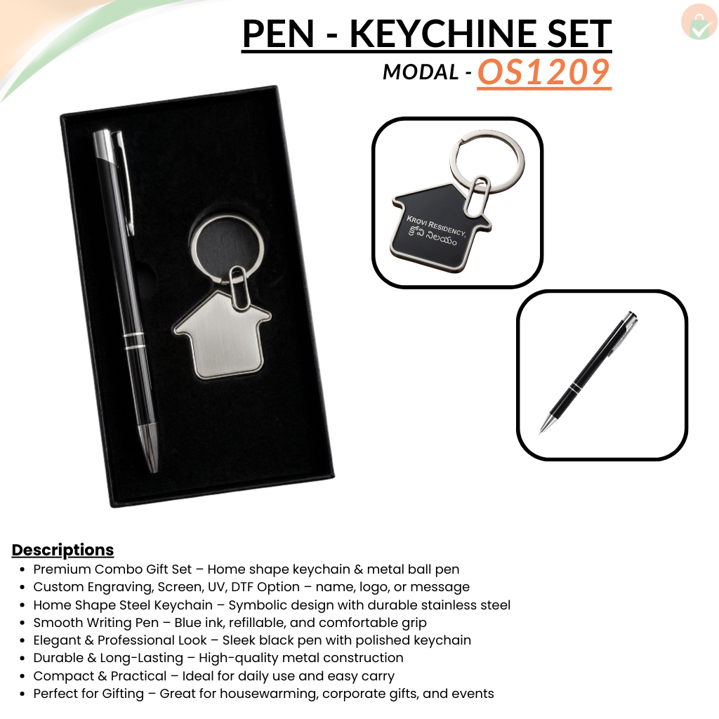 Combo Gift Set Home Shape Steel Keychain Personalized Black Metal Ballpoint Pen