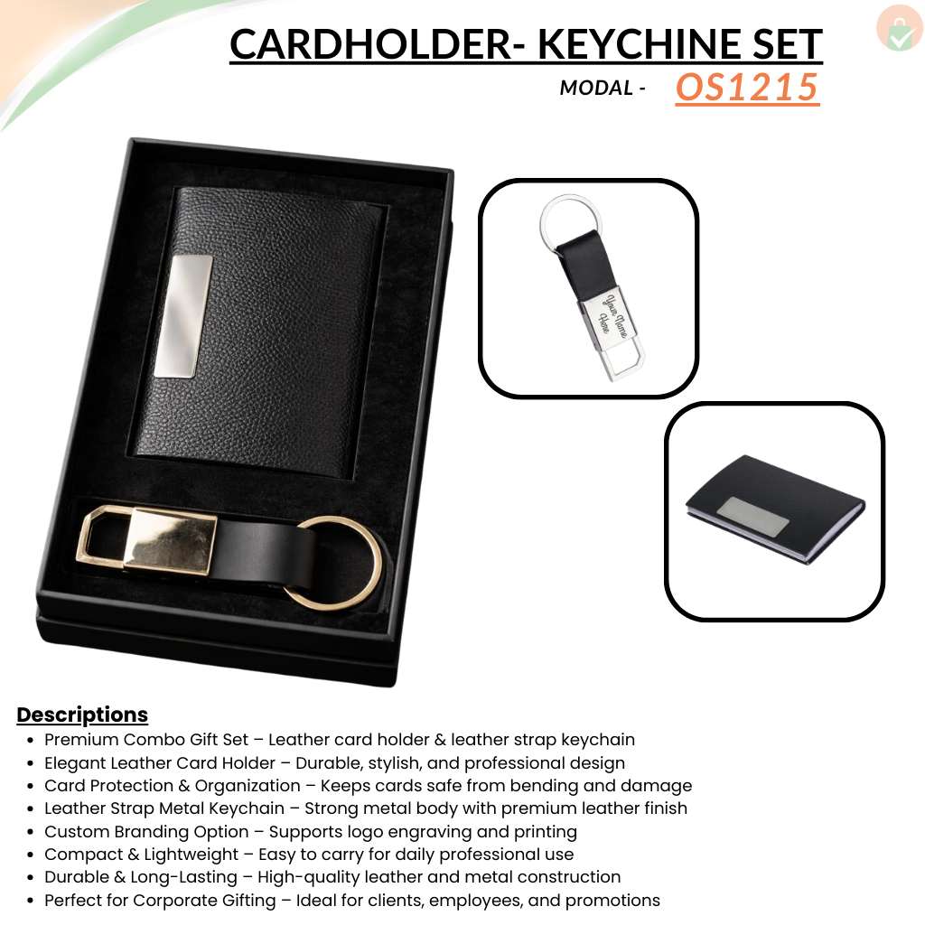 Combo Gift Set Leather Card Holder  Black Leather Strap Metal 600 Keychain