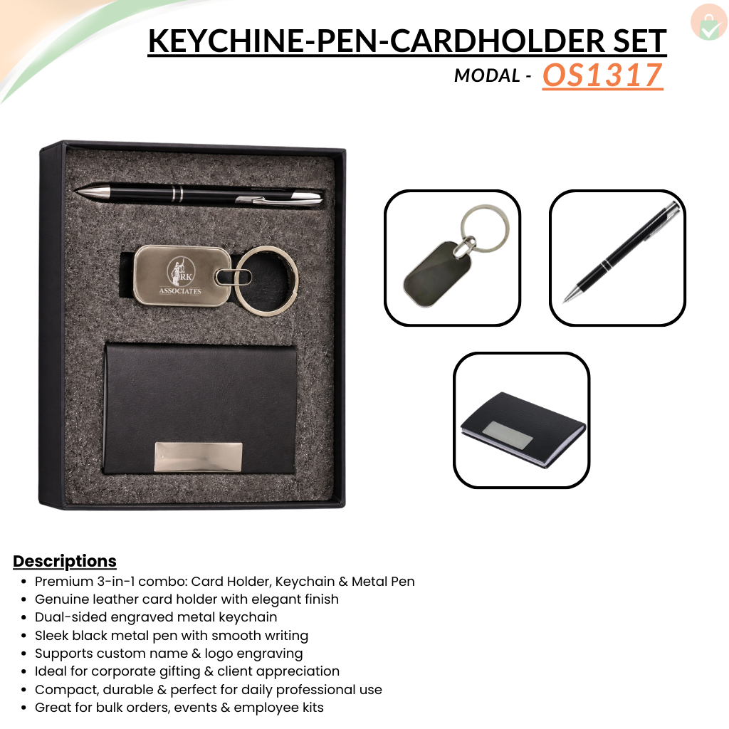 Combo Gift Set Leather Card Holder Engraved Metal Keychain Metal Ballpoint Pen