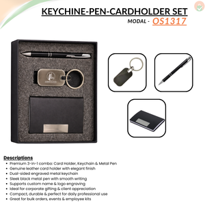Combo Gift Set Leather Card Holder Engraved Metal Keychain Metal Ballpoint Pen