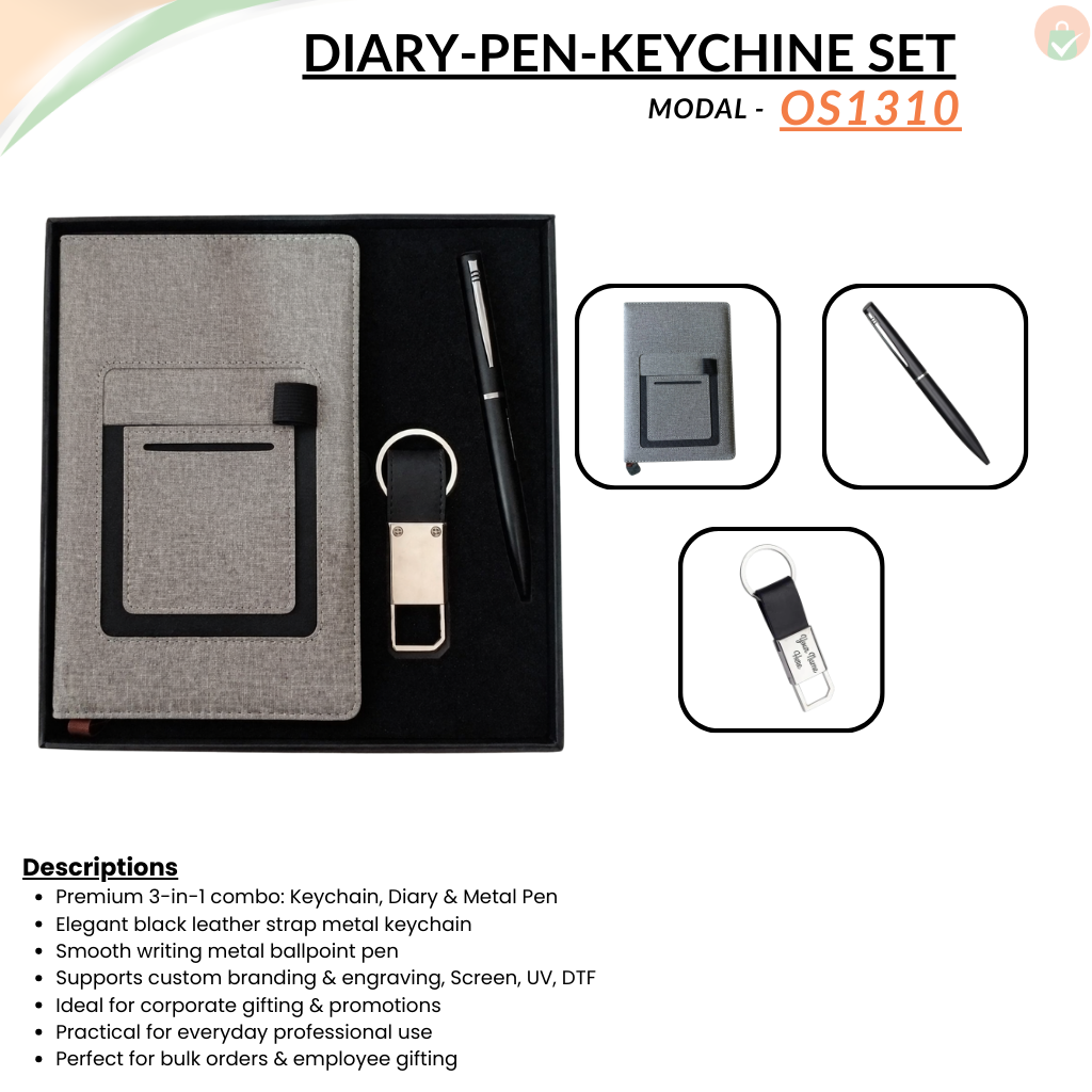 Combo Gift Set Metal 600 Keychain Premium A5 Jute Grey Diary with Card Pocket Custom Metal Ballpoint Pen