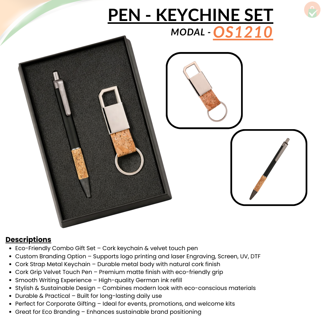 Combo Gift Set Mini Cork-Finished Strap Metal 600 Keychain Cork Grip Velvet Touch Pen offistoreindia