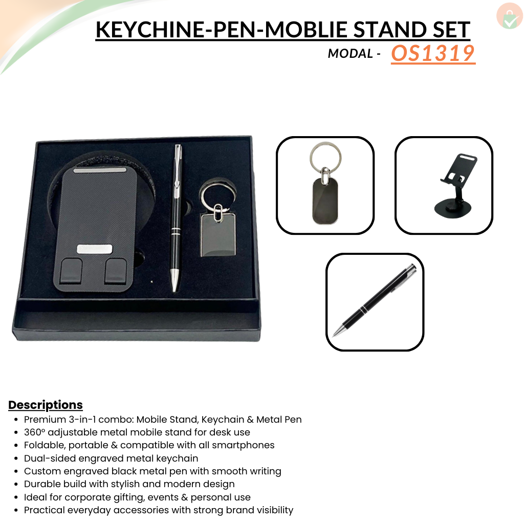Combo Gift Set Mobile Stand, Engraved Metal Keychain Custom Name Metal Pen