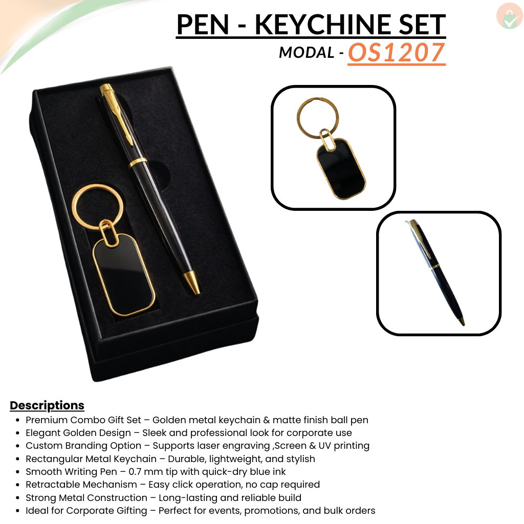 Combo Gift Set Rectangular Metal Keychain Golden Ball Pen with Golden Metal Body (Matte Finish)