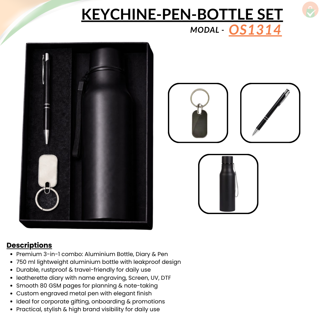 Combo Gift Set – Water Bottle Metal Keychain Custom Black Metal Ballpoint Pen