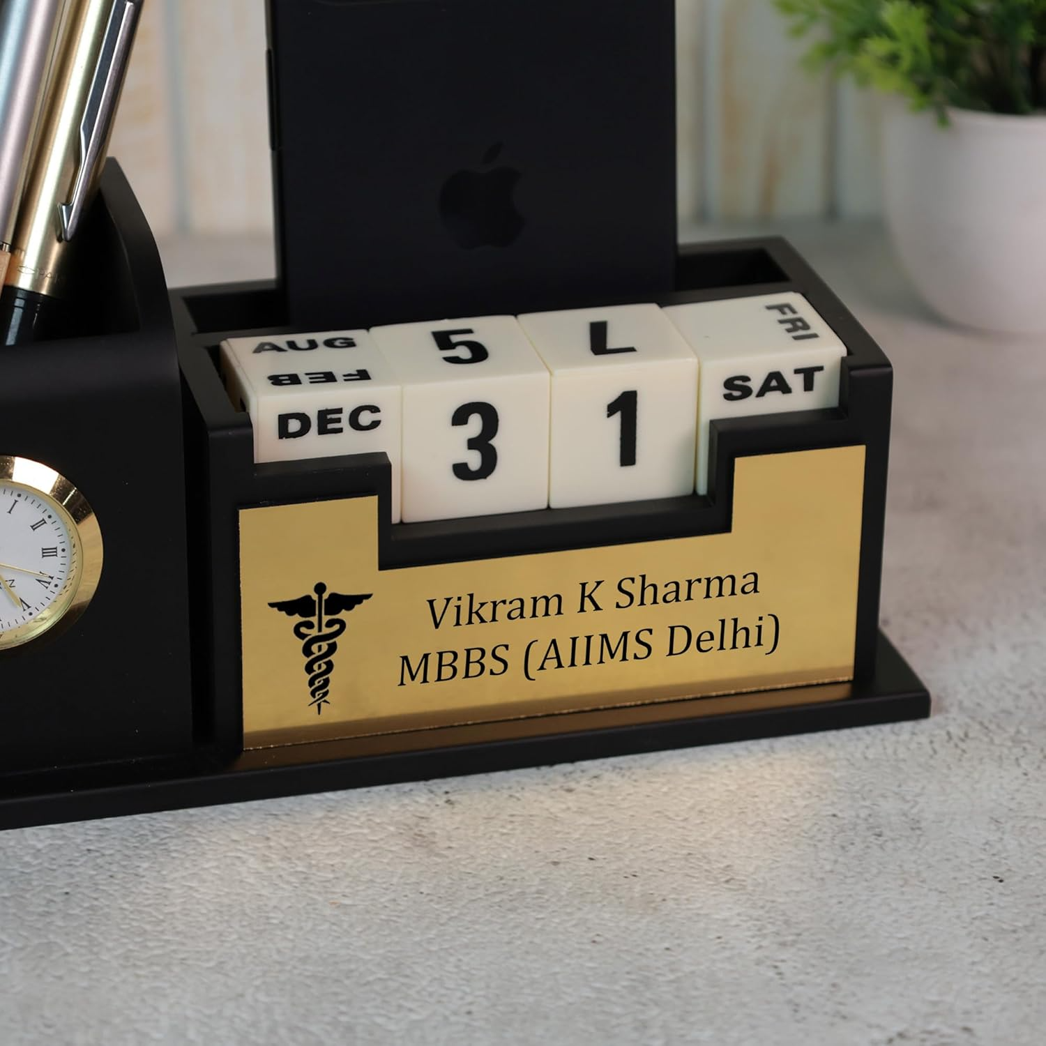 Deskart Doctor Pen Stand – Personalized Wooden Desk Organizer with Clock Perpetual Calendar offistoreindia