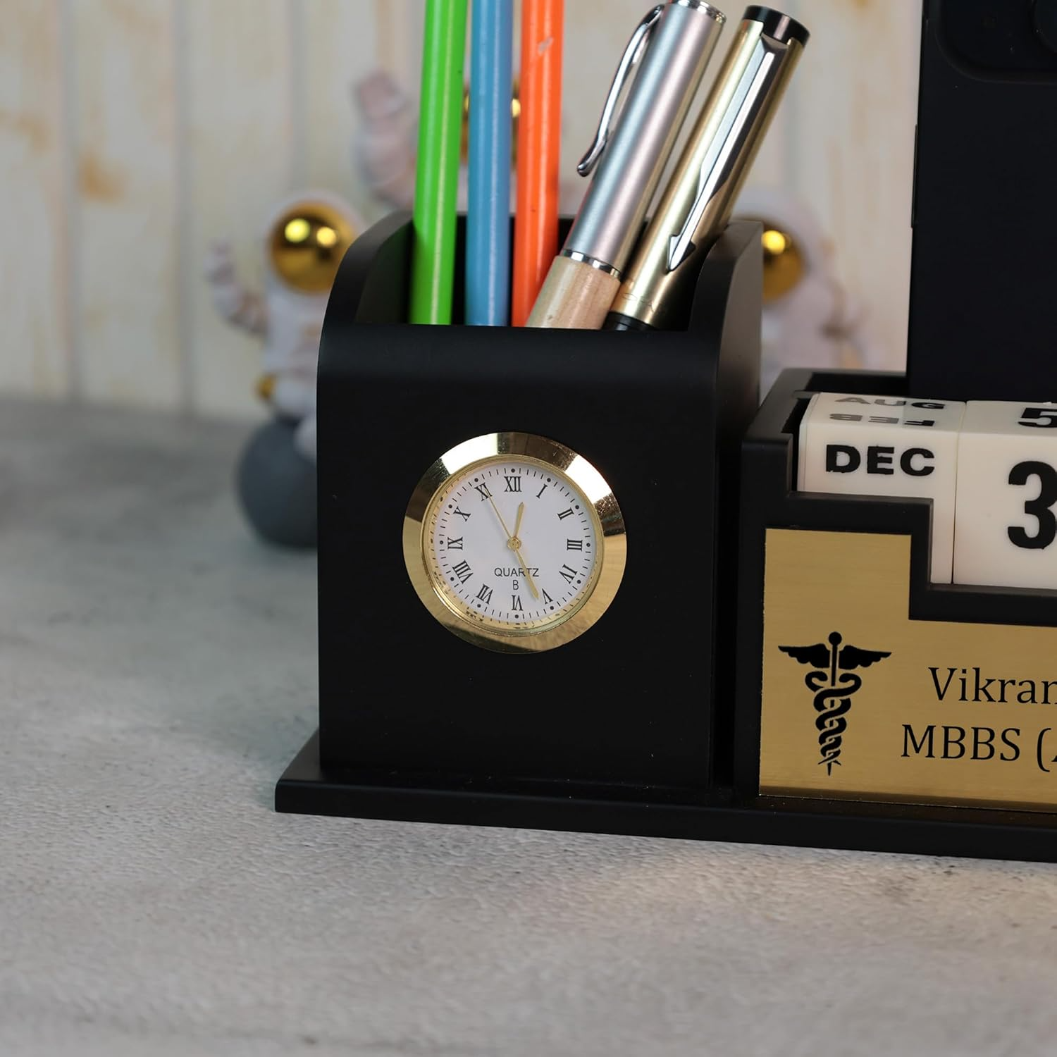 Deskart Doctor Pen Stand – Personalized Wooden Desk Organizer with Clock Perpetual Calendar offistoreindia