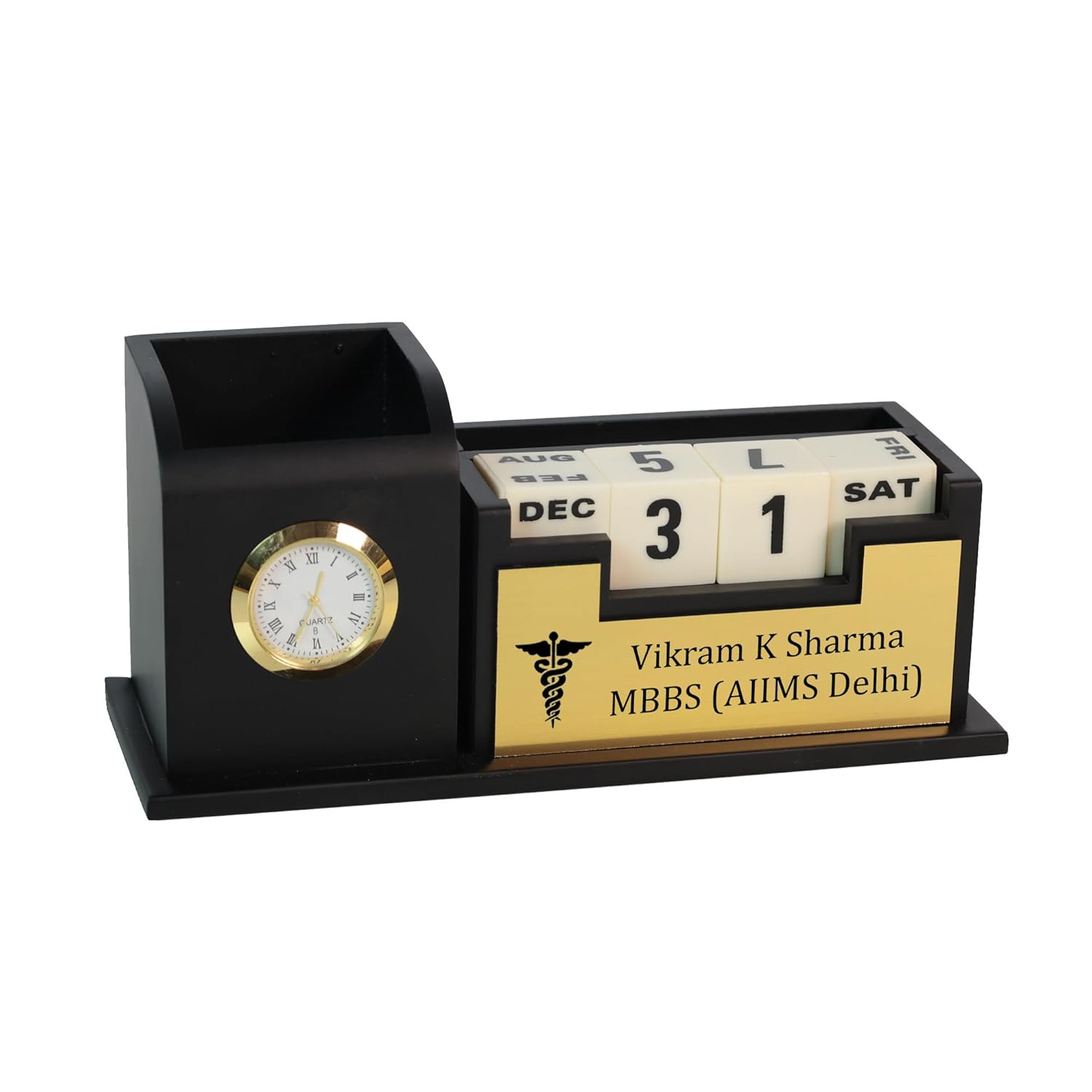 Deskart Doctor Pen Stand – Personalized Wooden Desk Organizer with Clock Perpetual Calendar offistoreindia