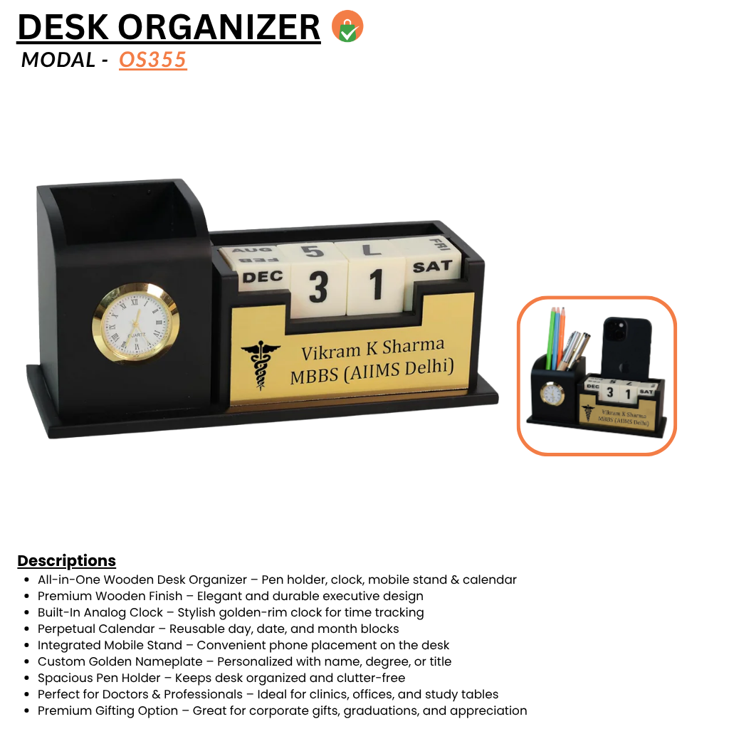 Deskart Doctor Pen Stand – Personalized Wooden Desk Organizer with Clock Perpetual Calendar