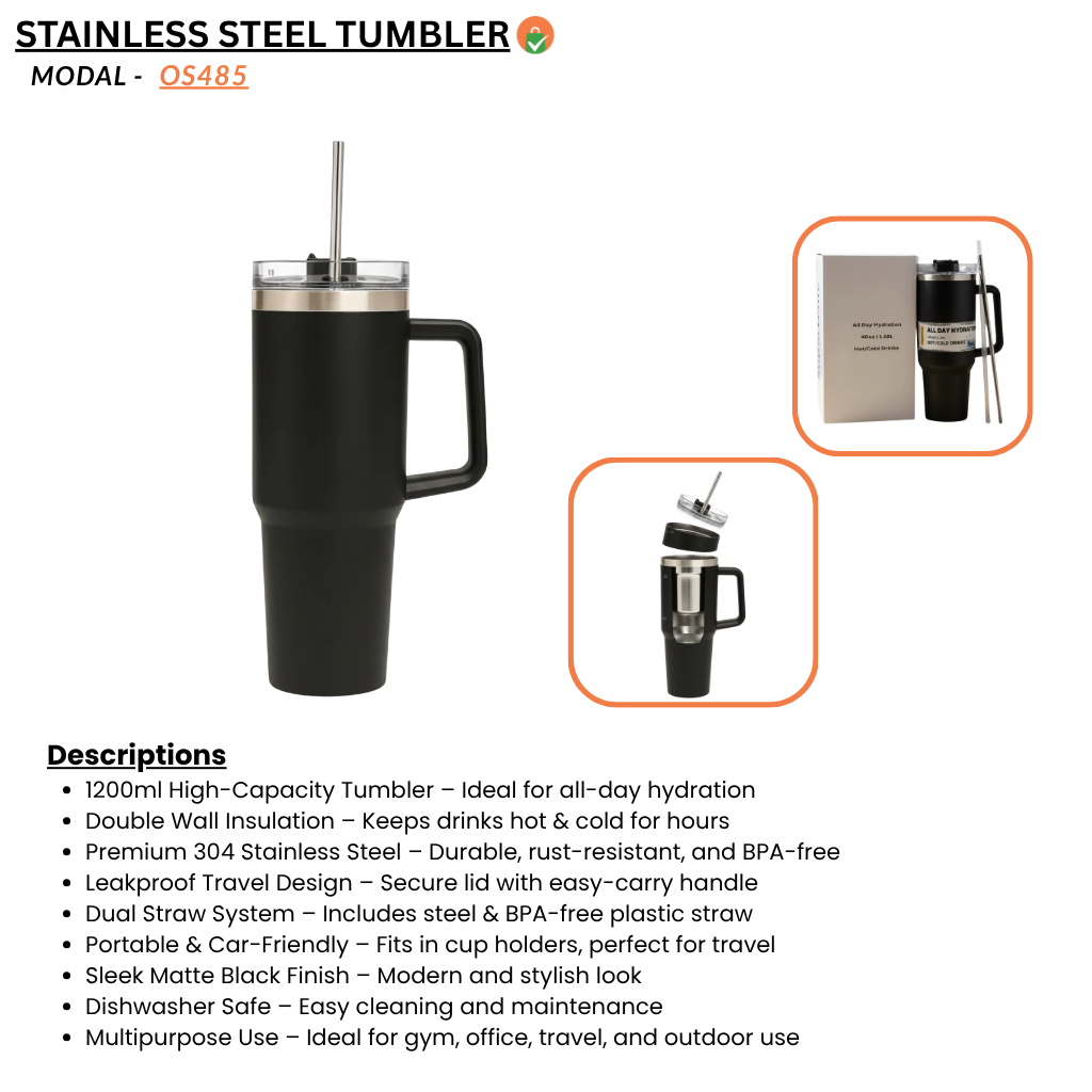 Double Wall Insulated Stainless Steel Tumbler with Handle – 1200ml