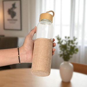 Eco-Friendly Glass Water Bottle with Bamboo Cap Jute Sleeve – 500 ML offistoreindia
