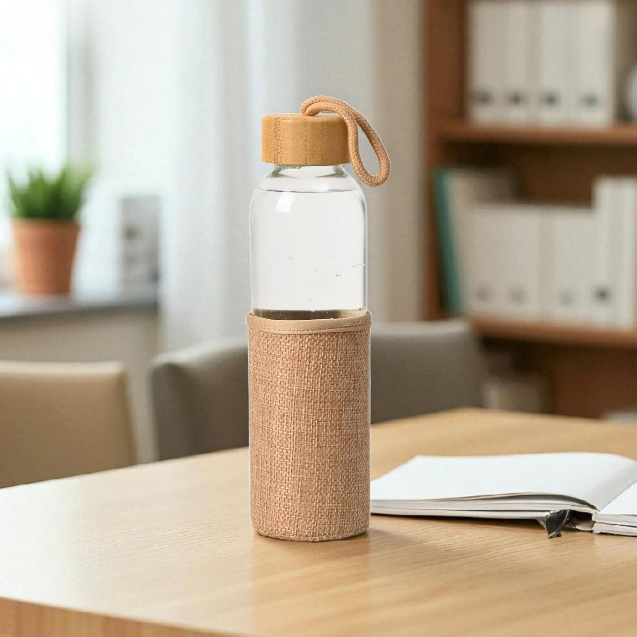 Eco-Friendly Glass Water Bottle with Bamboo Cap Jute Sleeve – 500 ML offistoreindia