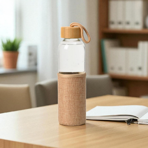 Eco-Friendly Glass Water Bottle with Bamboo Cap Jute Sleeve – 500 ML offistoreindia