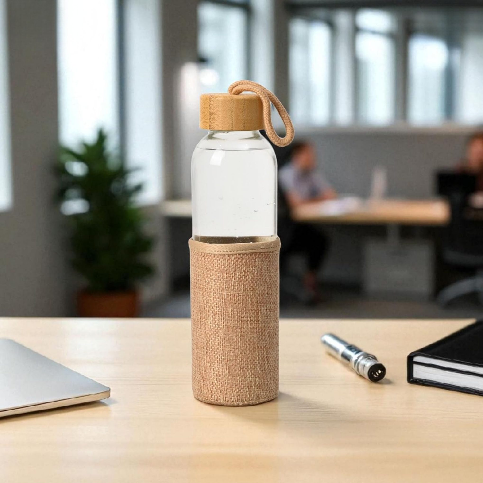 Eco-Friendly Glass Water Bottle with Bamboo Cap Jute Sleeve – 500 ML offistoreindia