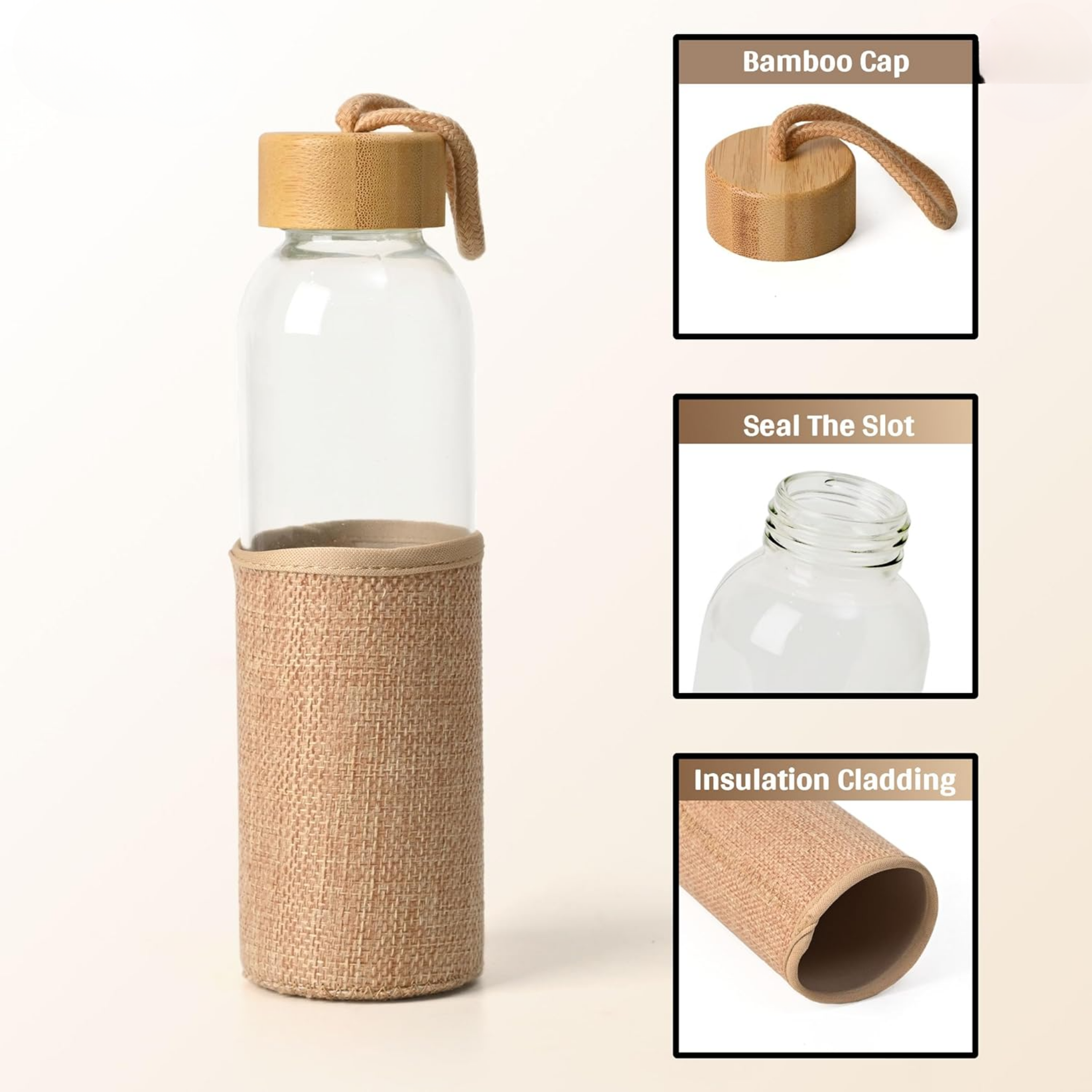 Eco-Friendly Glass Water Bottle with Bamboo Cap Jute Sleeve – 500 ML offistoreindia