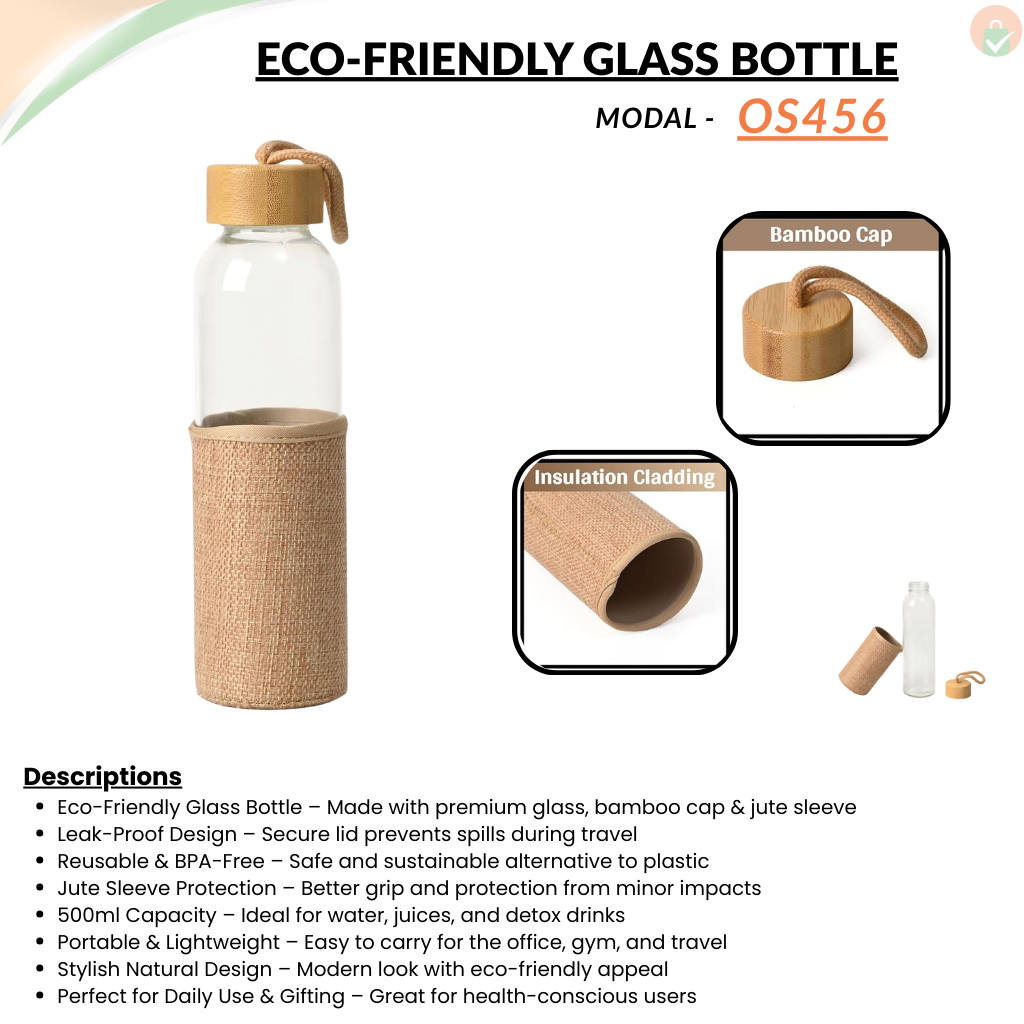 Eco-Friendly Glass Water Bottle with Bamboo Cap Jute Sleeve – 500 ML