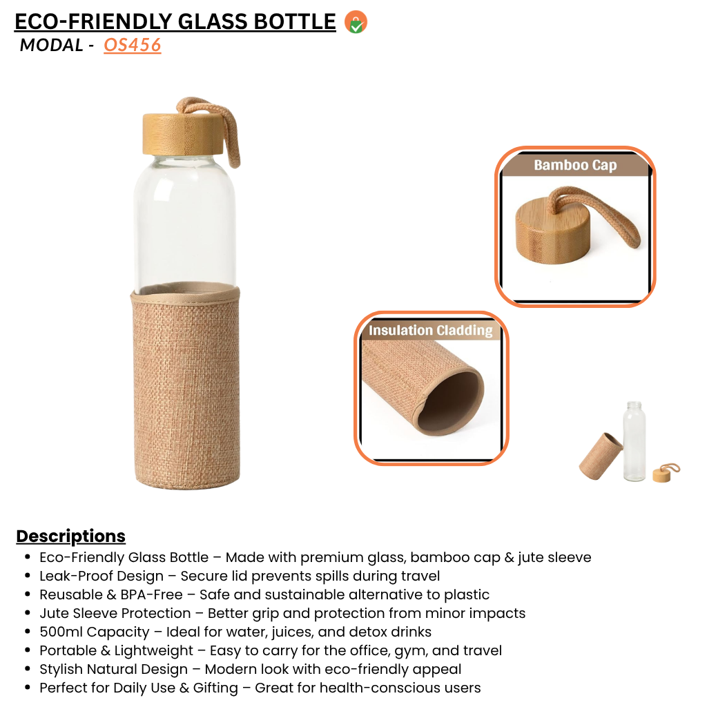 Eco-Friendly Glass Water Bottle with Bamboo Cap Jute Sleeve – 500 ML offistoreindia