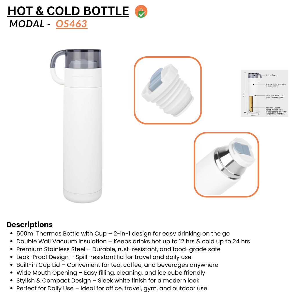 Elegenza Stainless Steel Vacuum Insulated Thermos Water Bottle with Cup – 500 ML offistoreindia