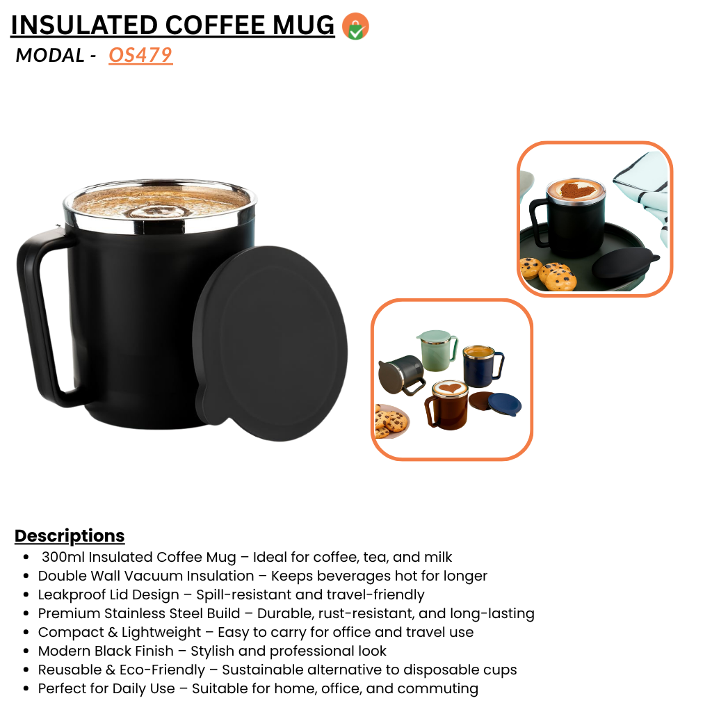 Insulated Stainless Steel Coffee Mug with Lid – 300ml