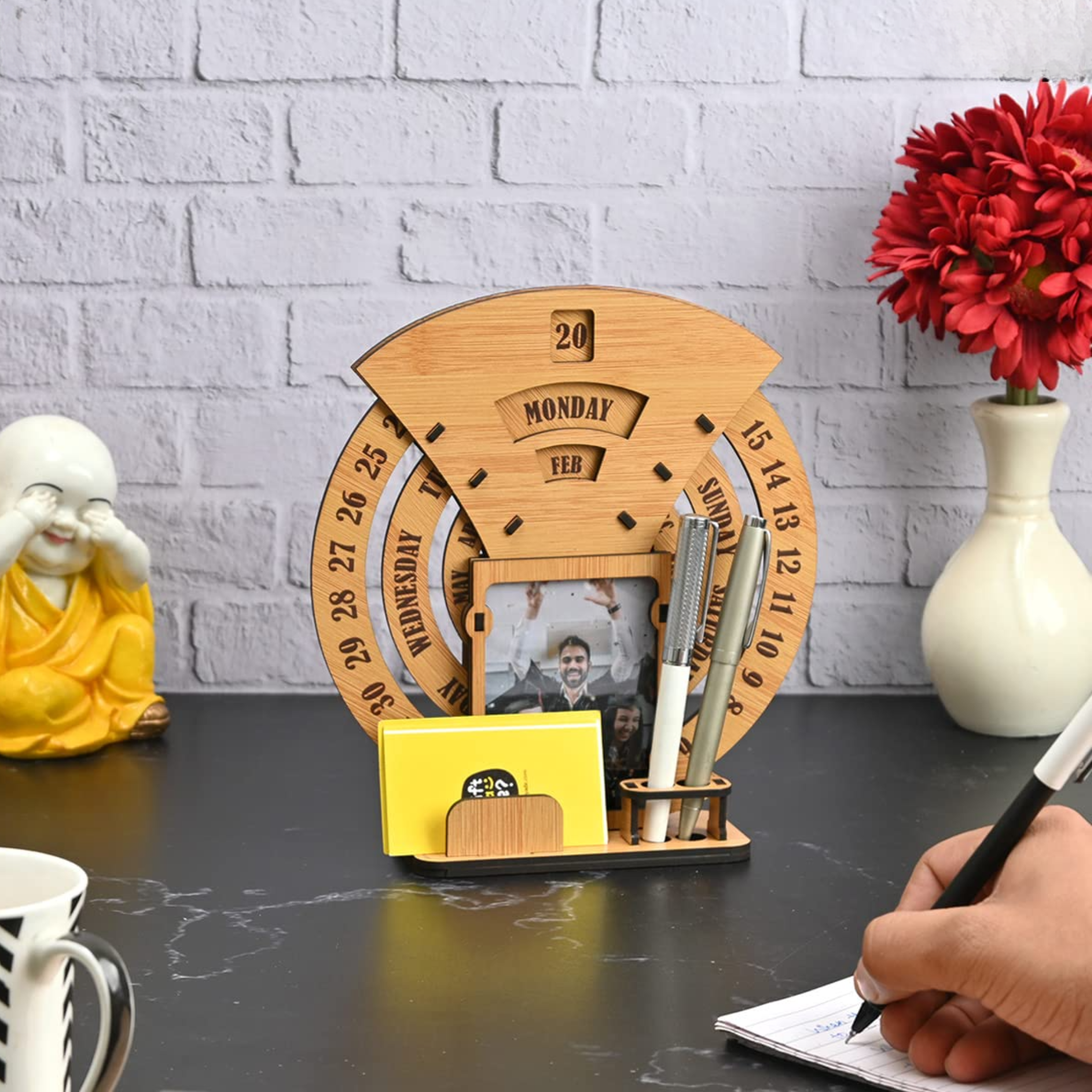 Lifetime Desk Calendar with Desk Organizer Photo Frame – Reusable Wooden Perpetual Tabletop Calendar offistoreindia