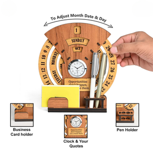 Lifetime Wooden Desk Calendar with Clock Desk Organizer offistoreindia
