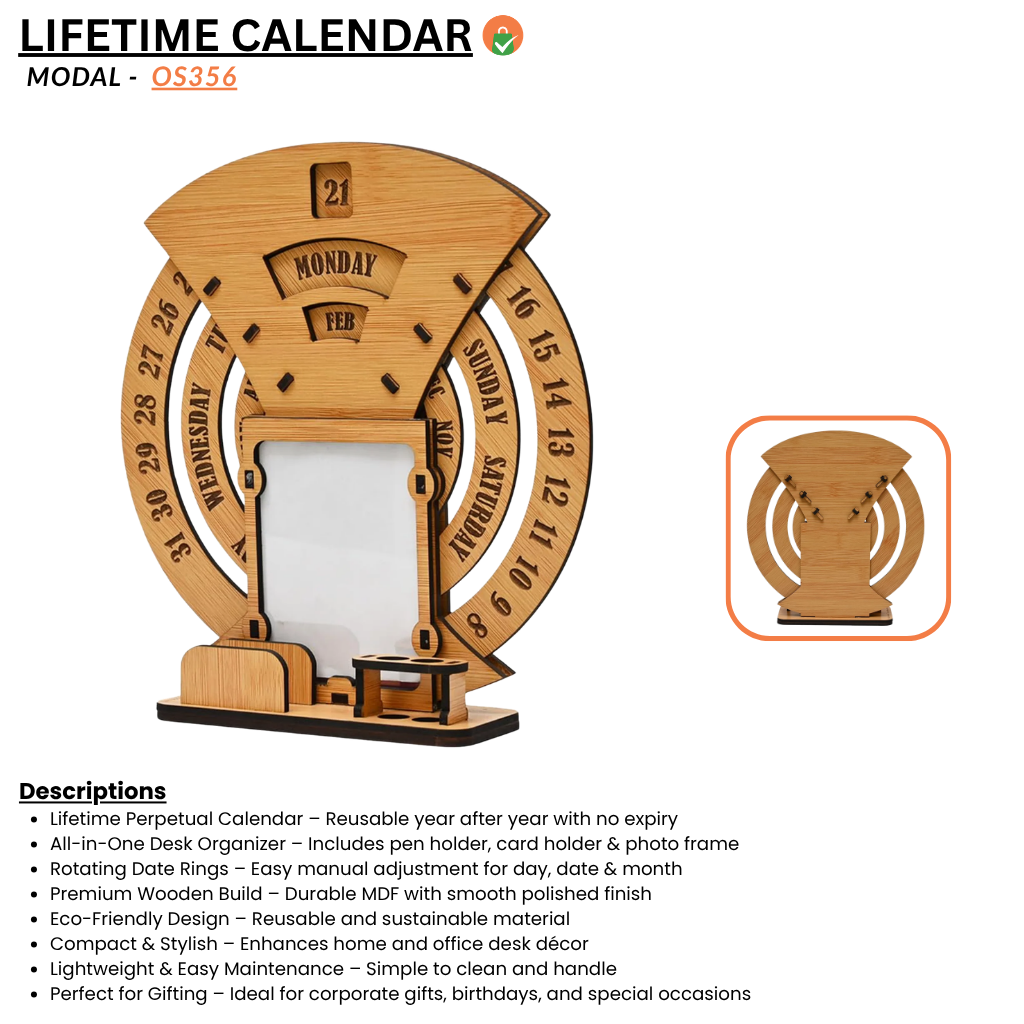 Lifetime Desk Calendar with Desk Organizer Photo Frame – Reusable Wooden Perpetual Tabletop Calendar