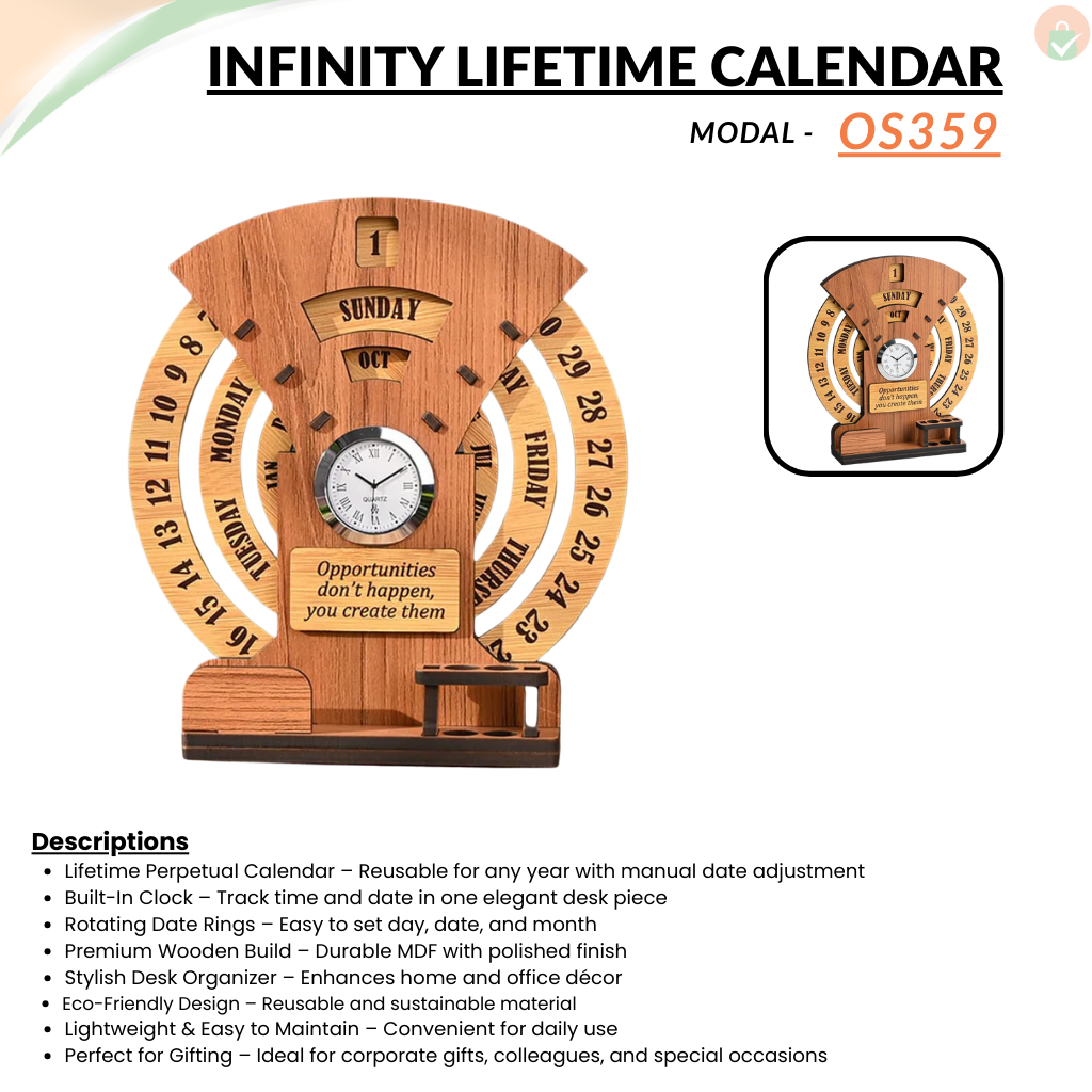 Lifetime Wooden Desk Calendar with Clock Desk Organizer