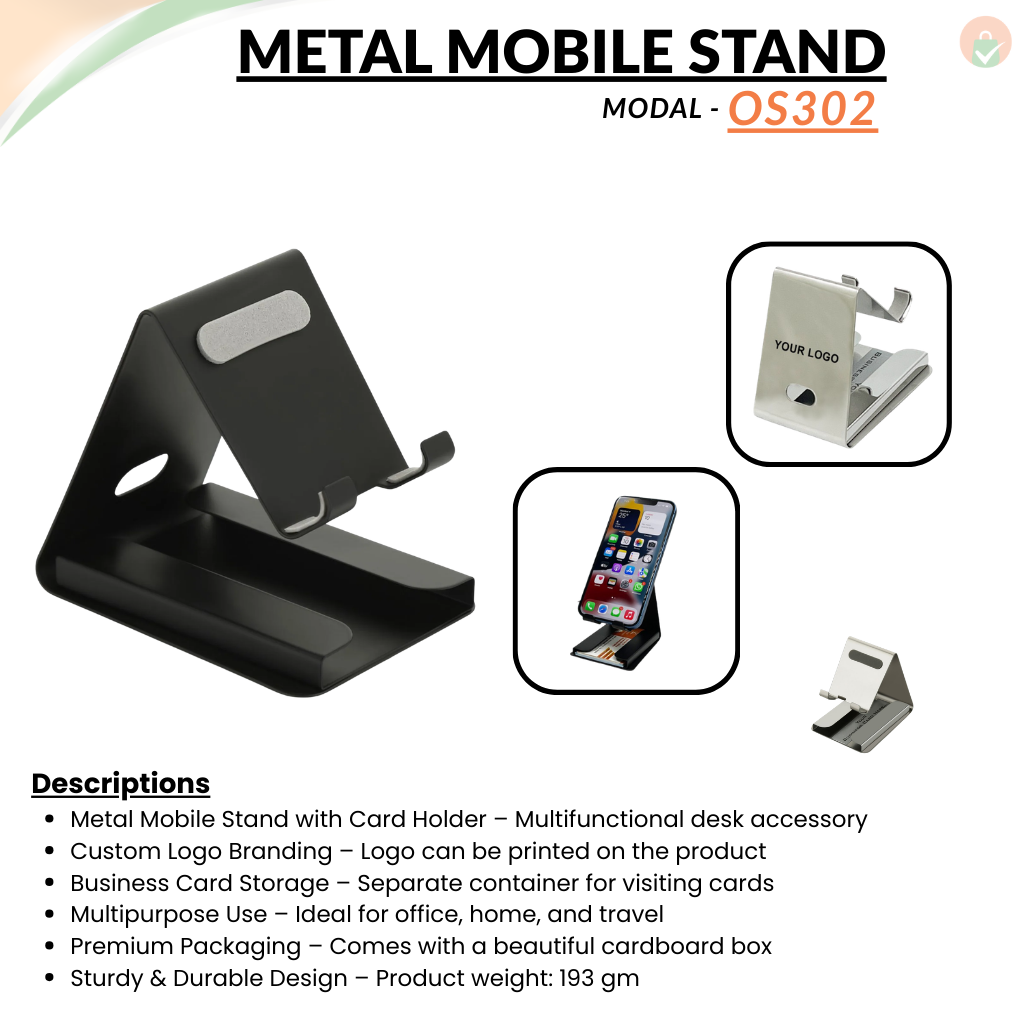 Metal Mobile Phone Stand with Card Holder – Adjustable Anti-Slip Desk Holder for Smartphones