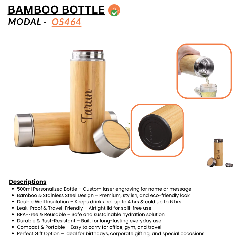 Personalized Water Bottle 500ml – Custom Bamboo & Stainless Steel Flask