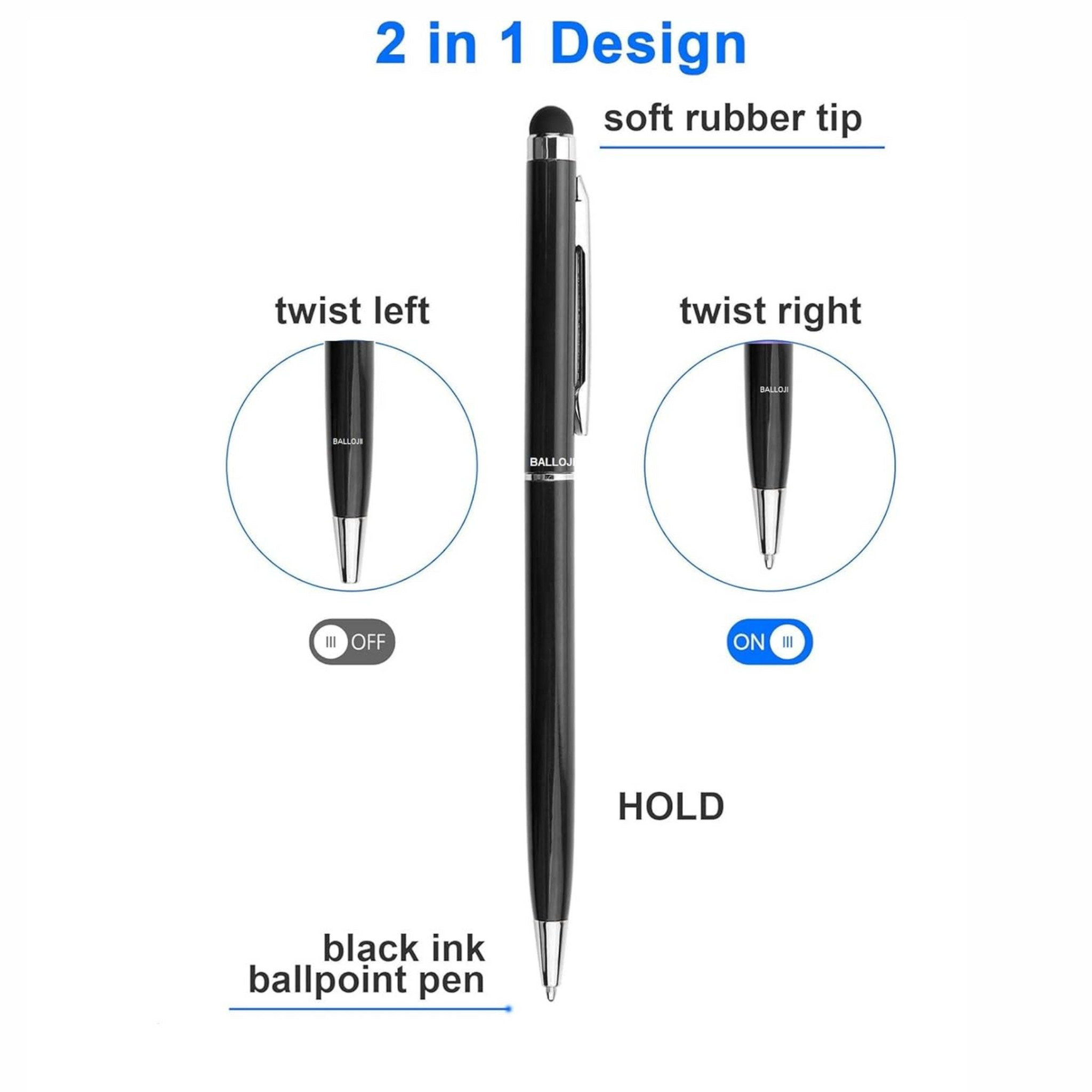 Personalized 2-in-1 Stylus Pen Ballpoint – Black Metal Body offistoreindia