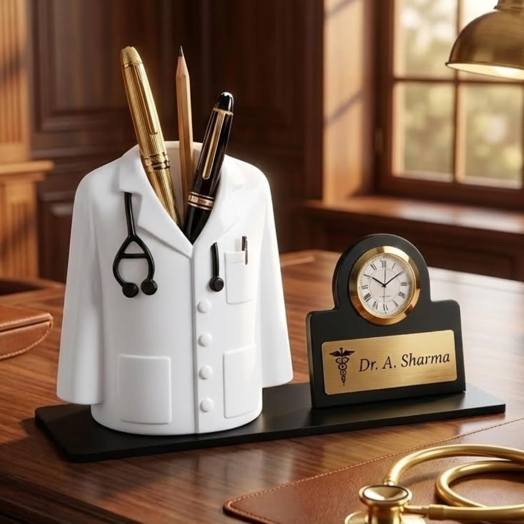 Personalized Doctor Pen Stand with Name Clock – Customized Desk Organizer for Doctors