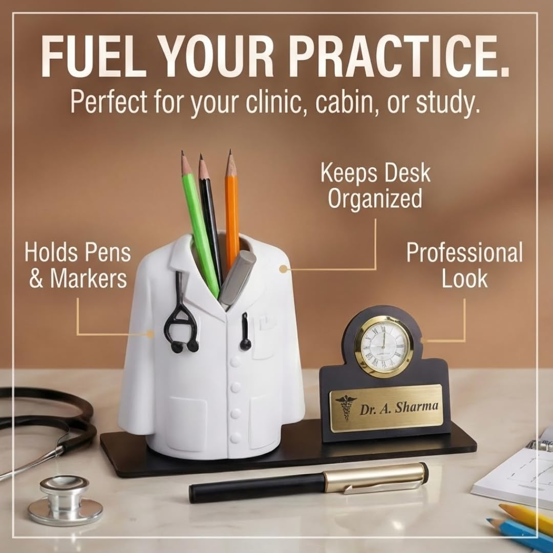 Personalized Doctor Pen Stand with Name Clock – Customized Desk Organizer for Doctors offistoreindia