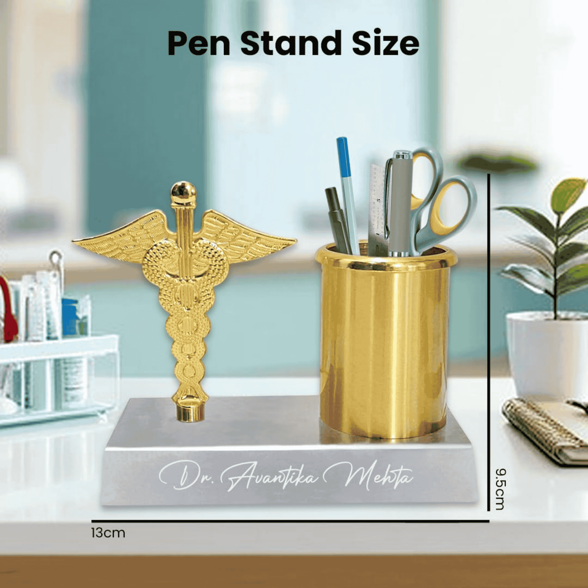 Personalized Doctor Symbol Pen Stand – Golden Caduceus Desk Organizer offistoreindia