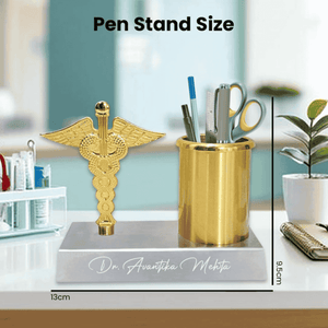 Personalized Doctor Symbol Pen Stand – Golden Caduceus Desk Organizer offistoreindia