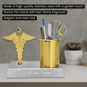 Personalized Doctor Symbol Pen Stand – Golden Caduceus Desk Organizer offistoreindia