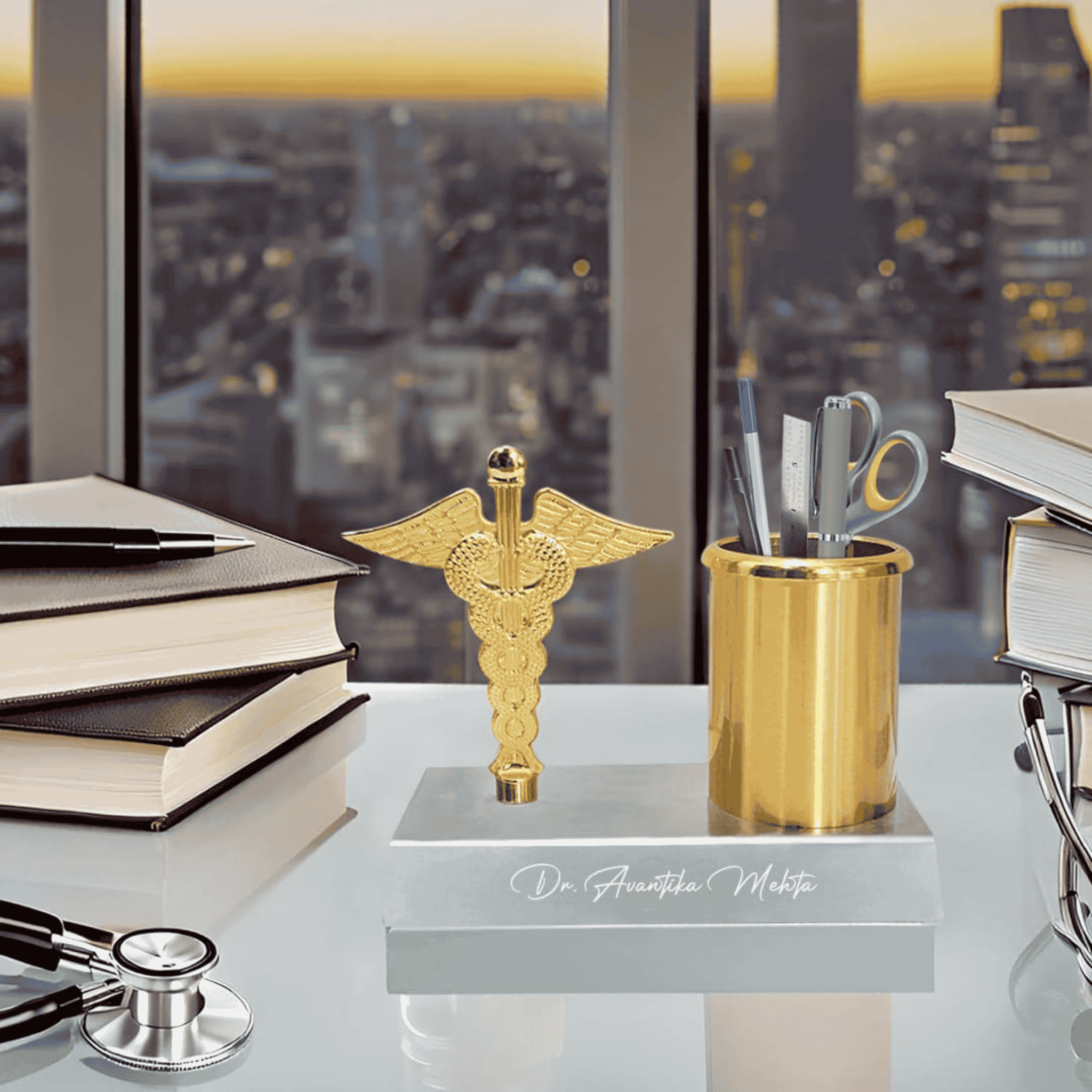 Personalized Doctor Symbol Pen Stand – Golden Caduceus Desk Organizer offistoreindia