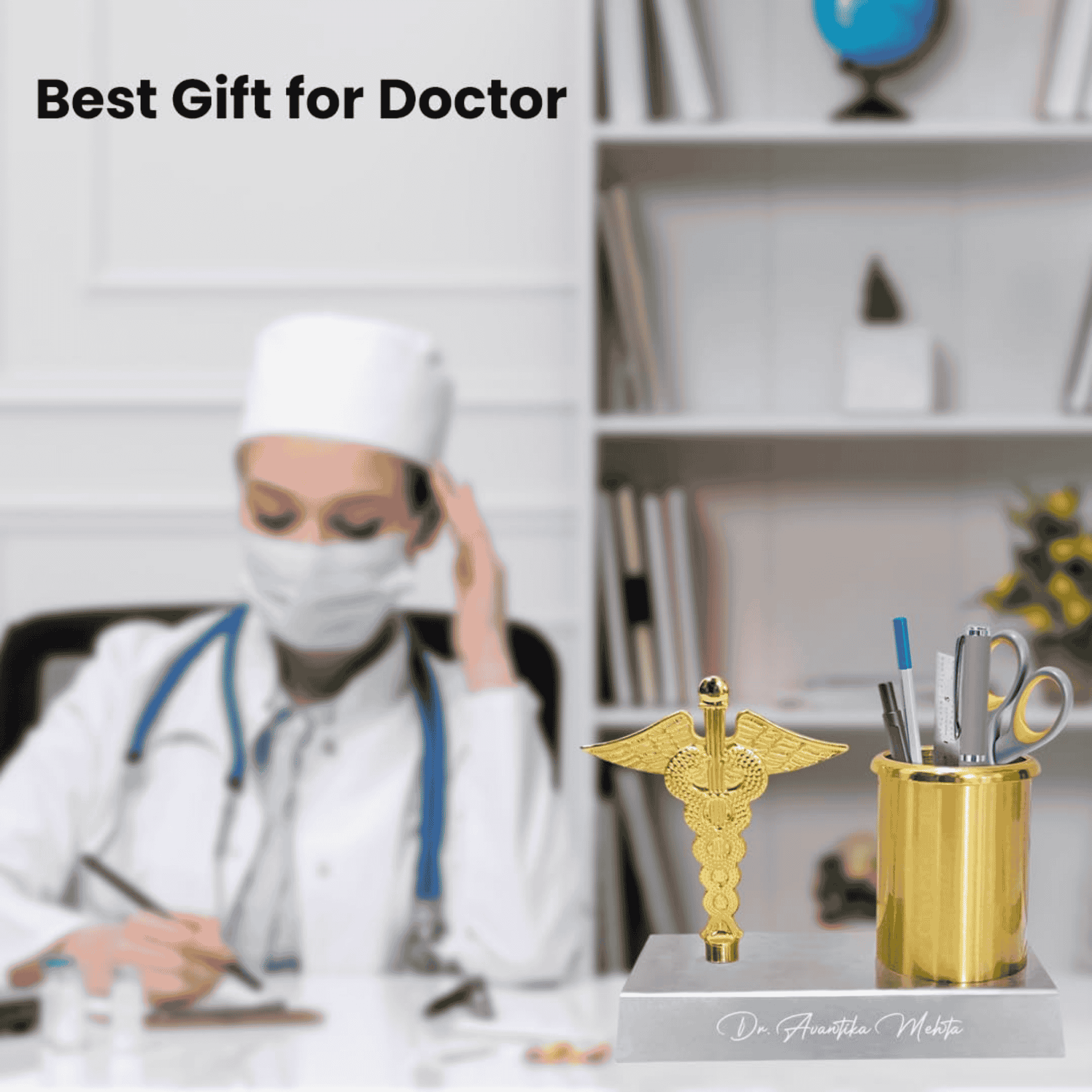 Personalized Doctor Symbol Pen Stand – Golden Caduceus Desk Organizer offistoreindia