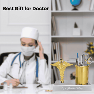 Personalized Doctor Symbol Pen Stand – Golden Caduceus Desk Organizer offistoreindia