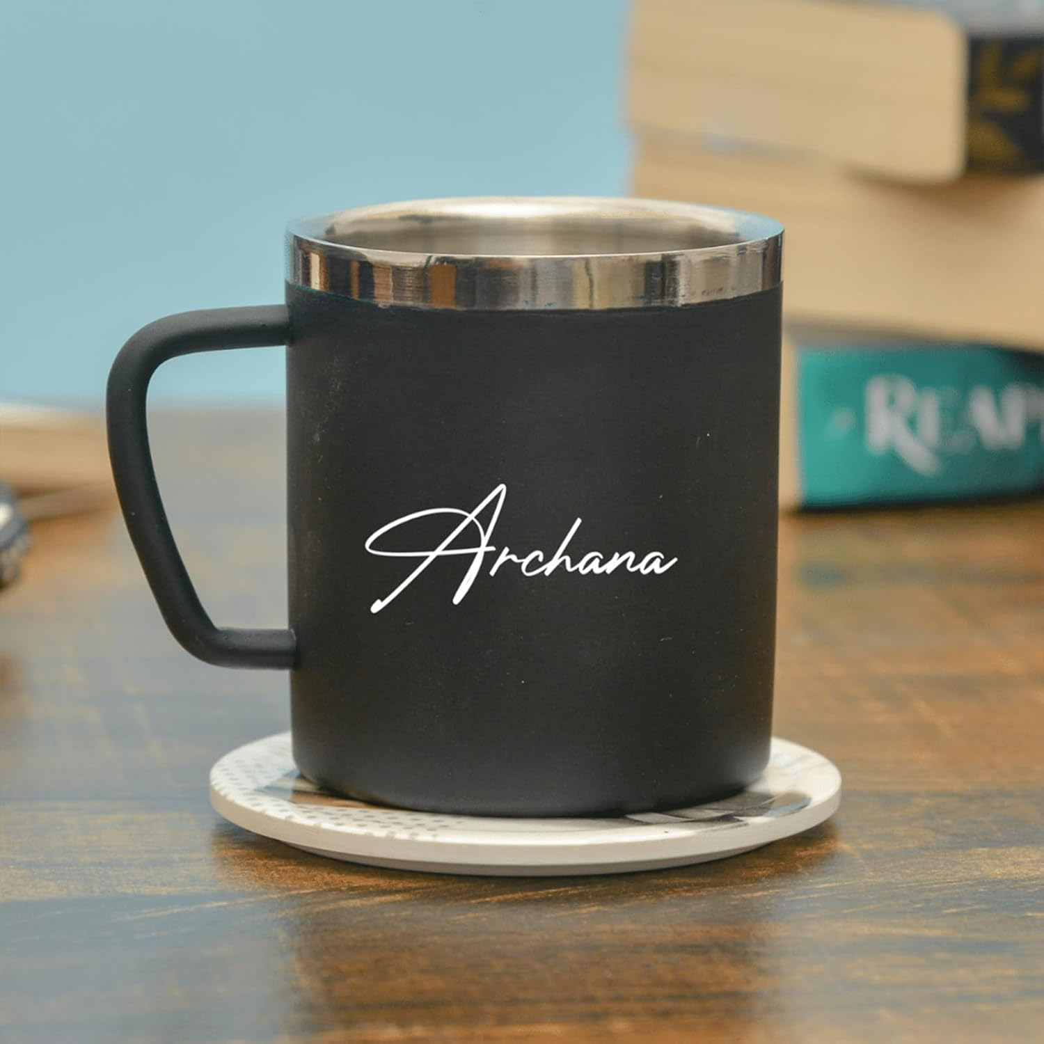 Personalized Name Stainless Steel Mug 250 ml (Black) offistoreindia