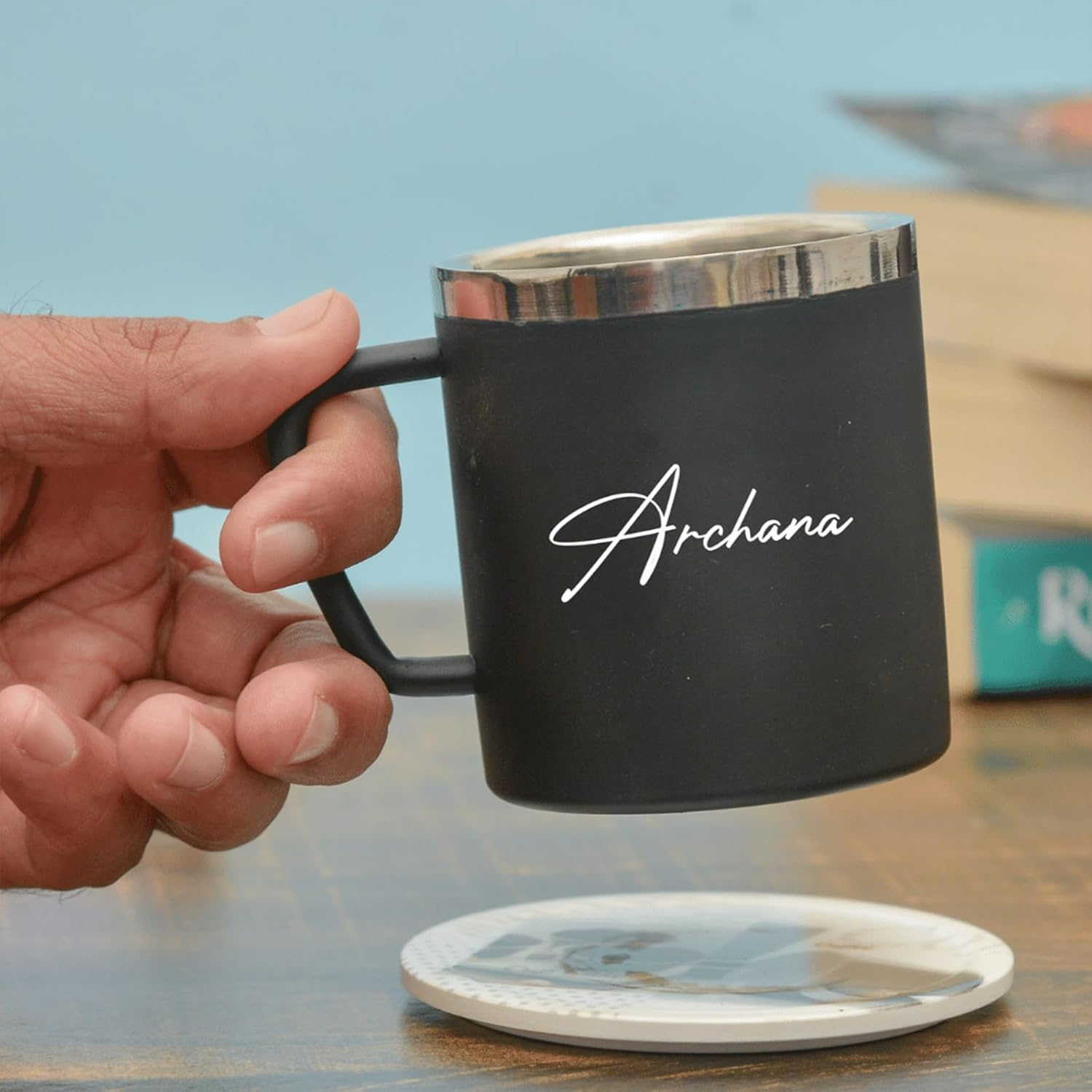 Personalized Name Stainless Steel Mug 250 ml (Black) offistoreindia