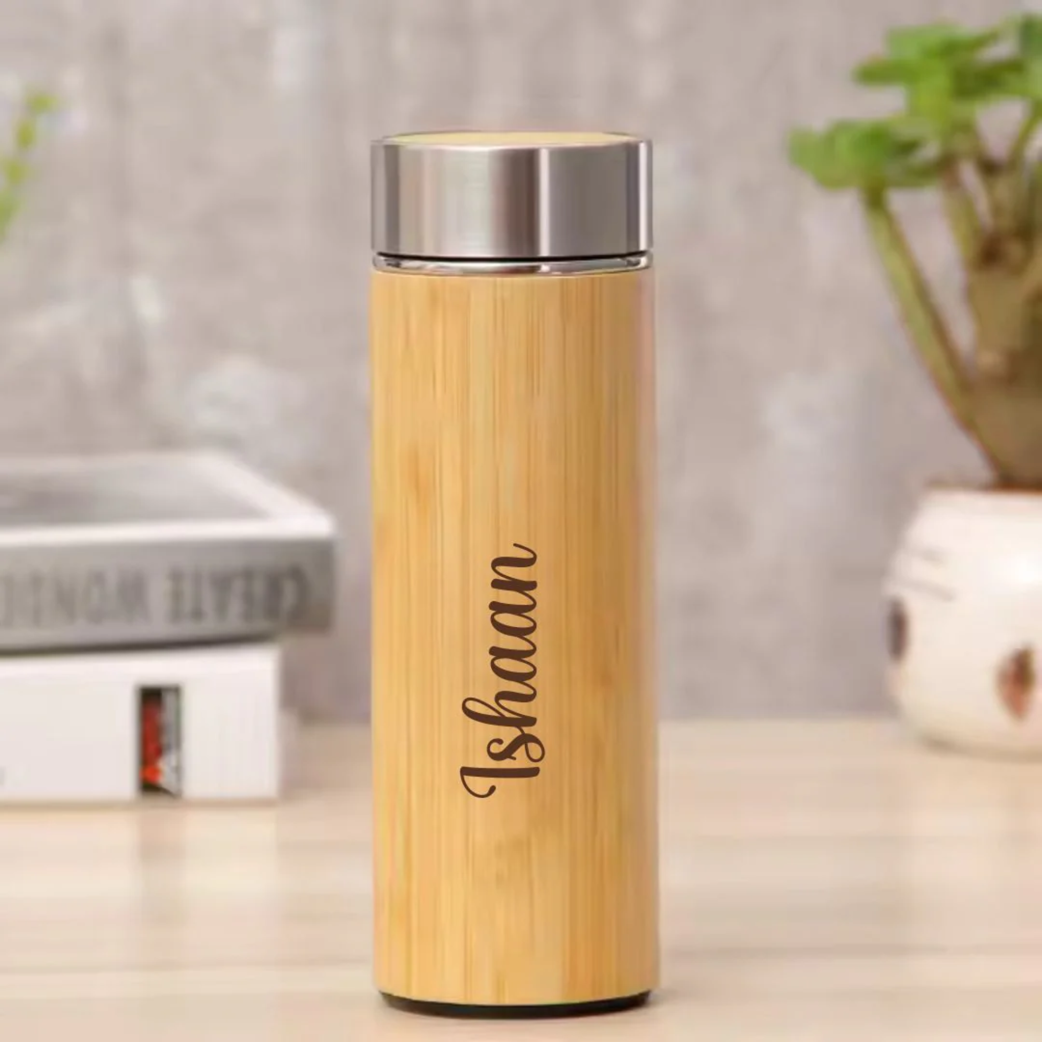 Personalized Water Bottle 500ml – Custom Bamboo & Stainless Steel Flask offistoreindia