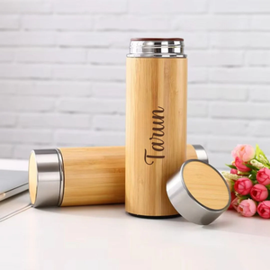 Personalized Water Bottle 500ml – Custom Bamboo & Stainless Steel Flask offistoreindia
