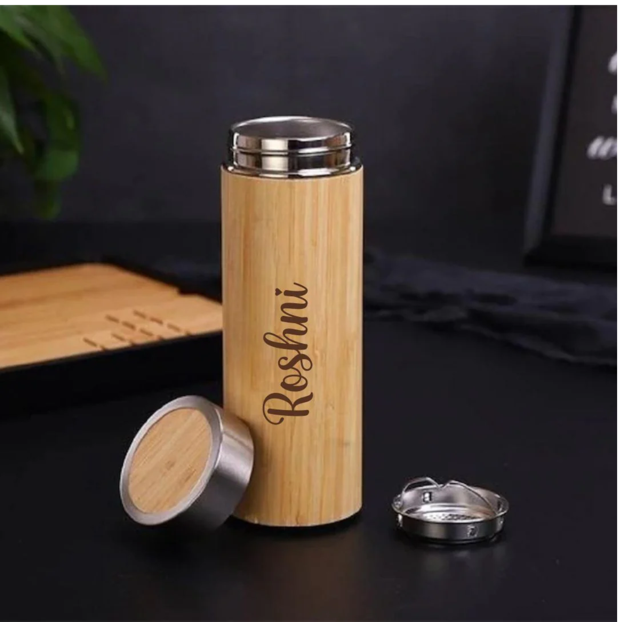 Personalized Water Bottle 500ml – Custom Bamboo & Stainless Steel Flask offistoreindia